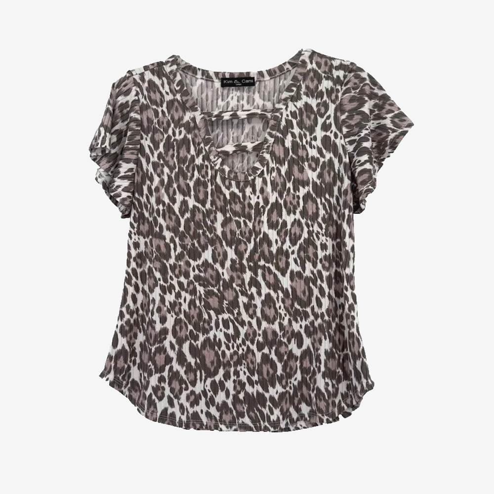 Kim & Cami Womens Small Leopard Print Top Keyhole Neck Flutter Sleeve Stretch